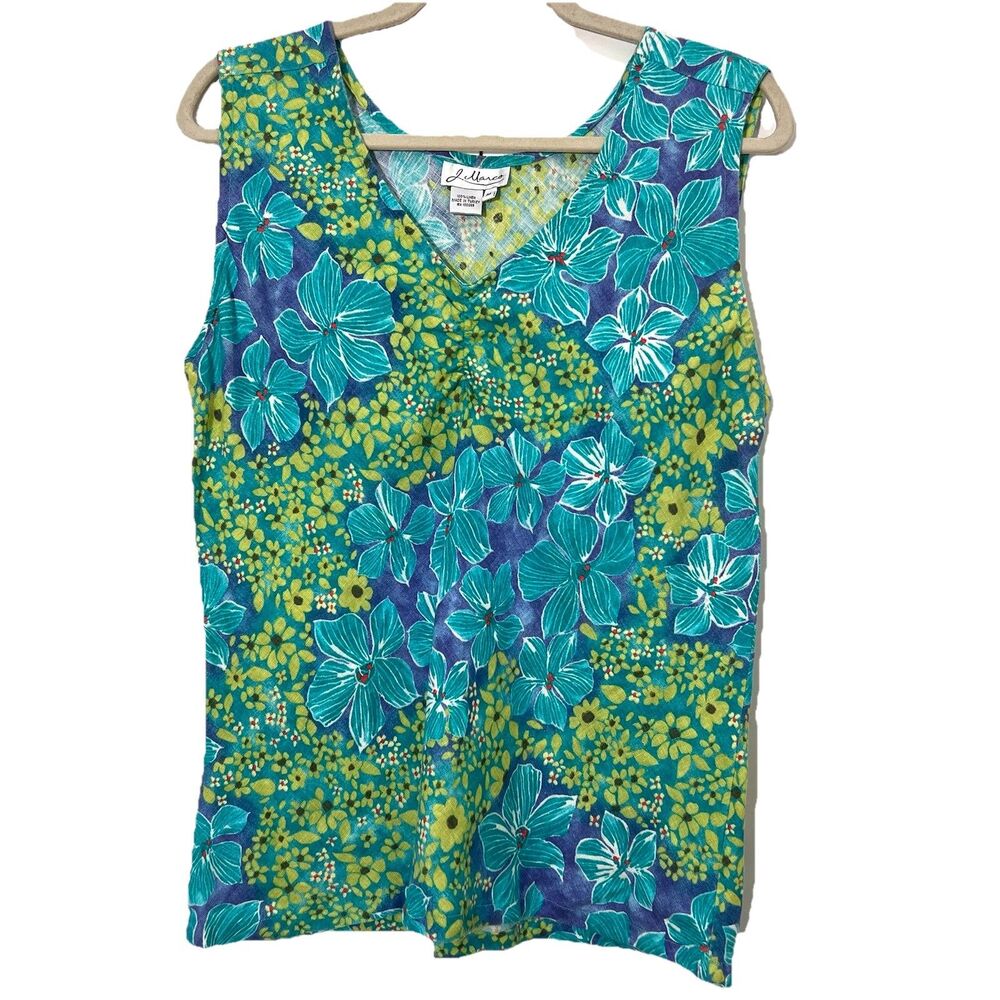 J Marco Linen Top Womens M Floral Sleeveless V‎ Neck Summer Beach Coastal